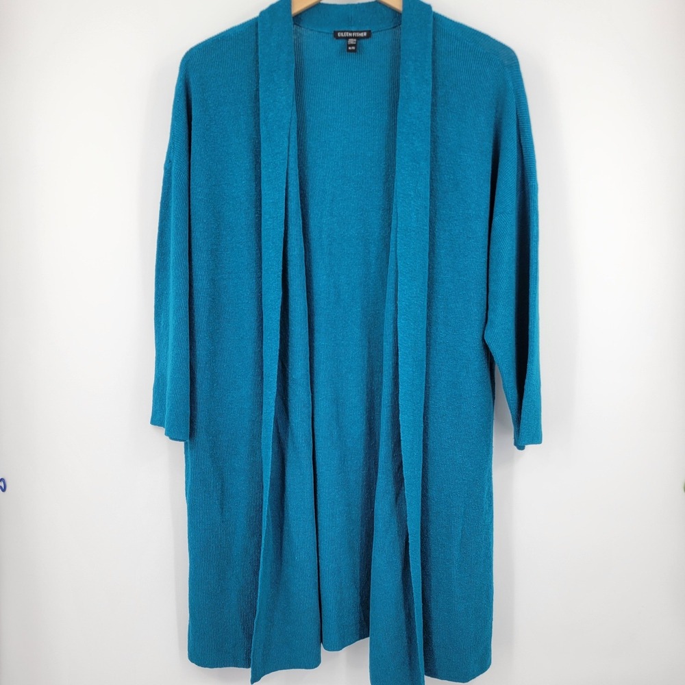 Eileen Fisher Linen Blend Long Cardigan Women XL Blue Minimalist Quiet Luxury